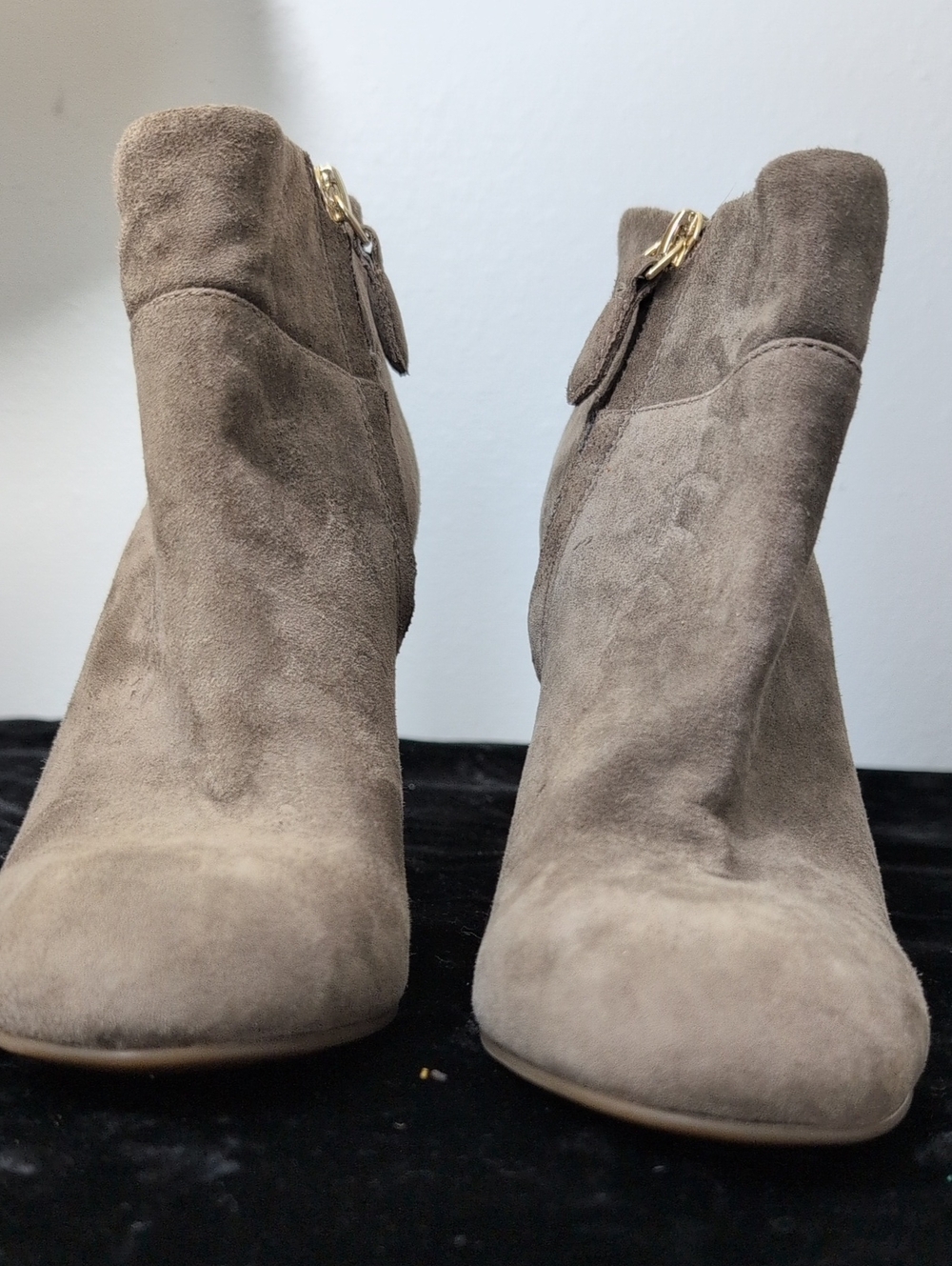Tory Burch Taupe Suede Ankle Booties with Gold Hardware